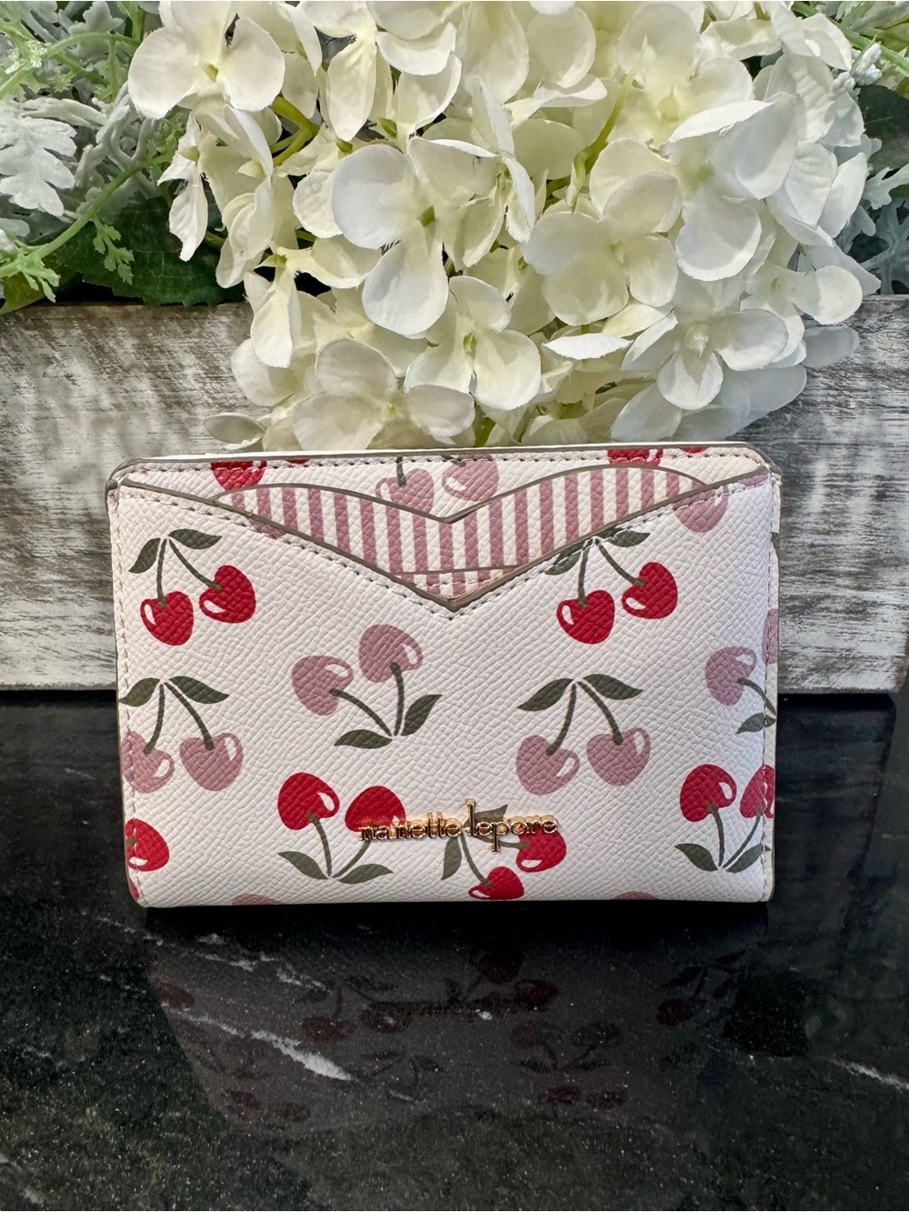🍒🍃Nanette Lapore Clarra Wallet Cherry Hearts Pink Stripe NWT Bifold Wallet